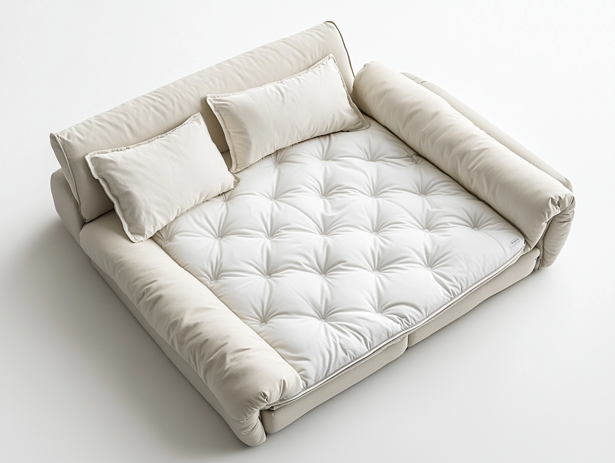 Sofá cama de tela beige con función de reposo ideal para sala de estar