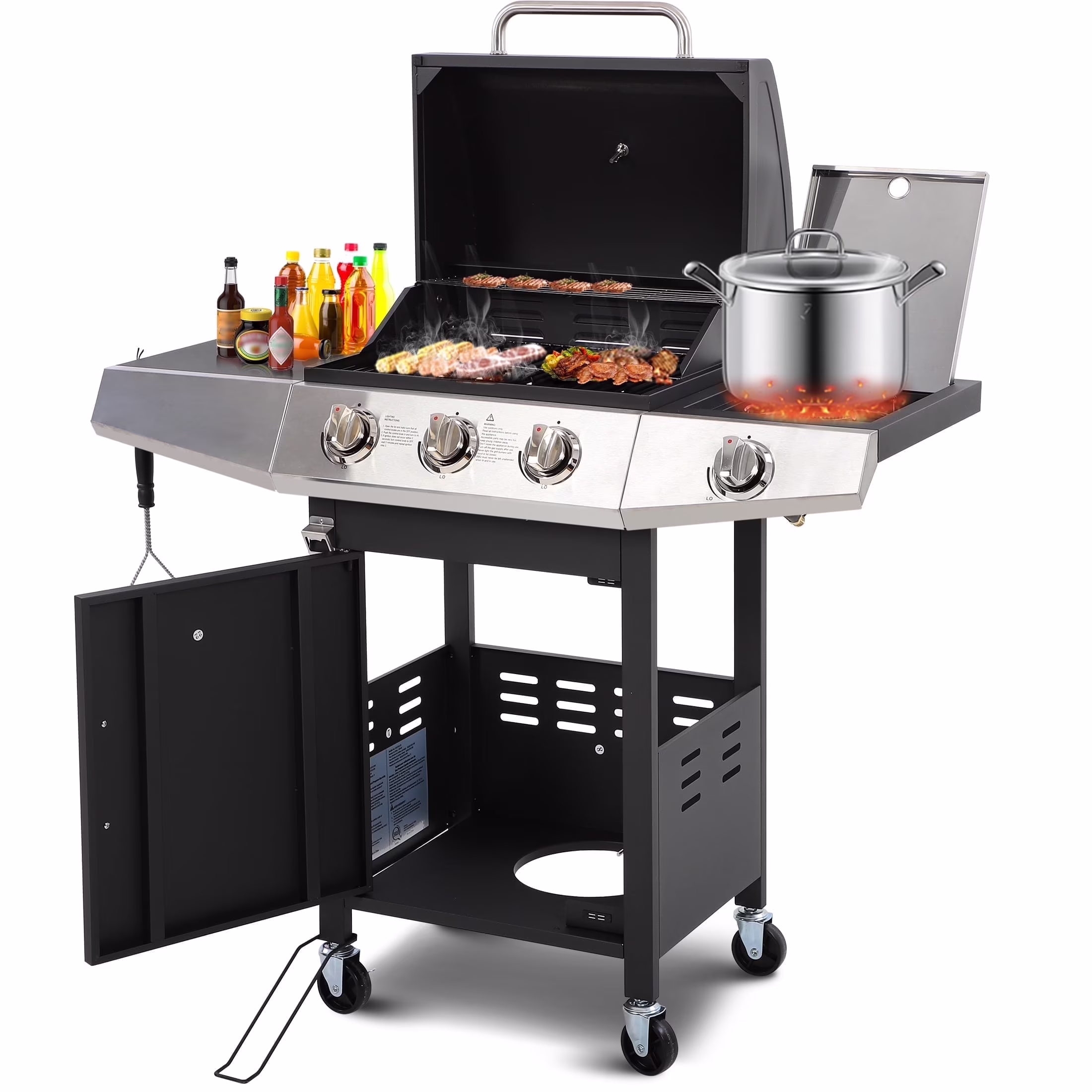 4-Burner Gas Grill with 4 Universal Wheels & Bottle Opener, 40000BTU Outdoor Grill with Side Table for Camping, Black & Sliver - Image 3