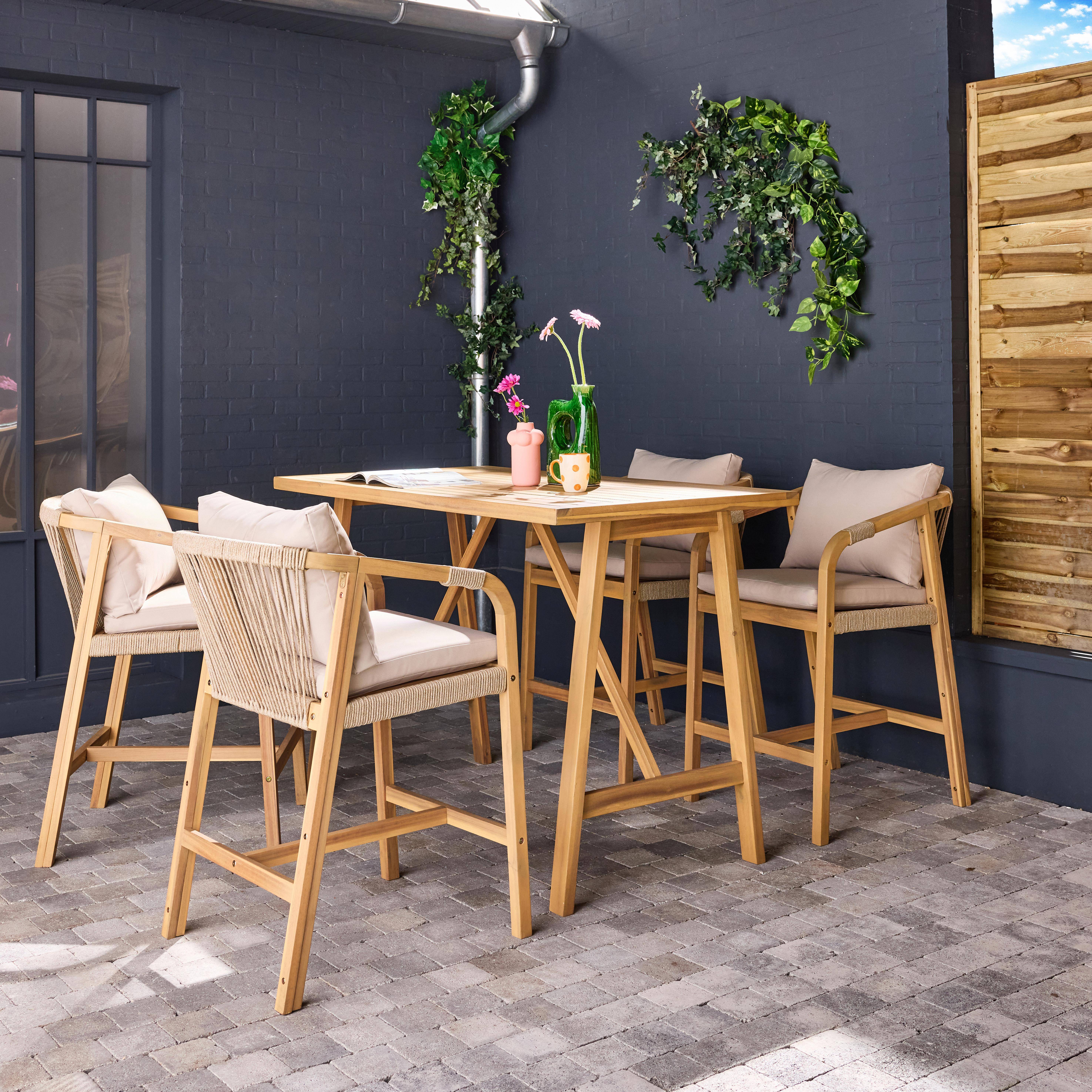 Paloma - Mesa alta de jardín de madera de acacia con 4 sillones