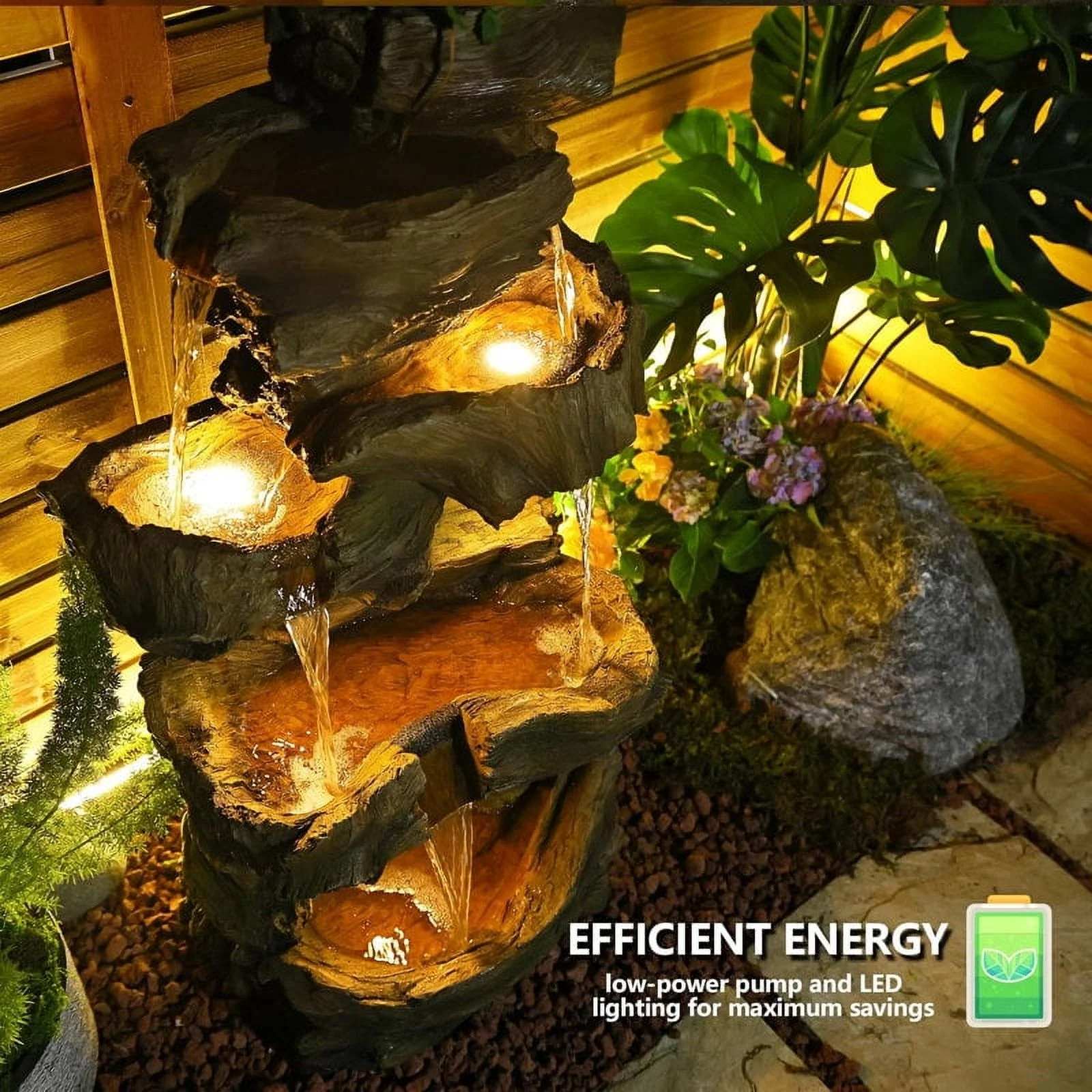 5-Tier Outdoor Rock Waterfall Fountain with LED Lights, Large Cascading Garden Water Feature for Patio, Porch, Yard - Image 4