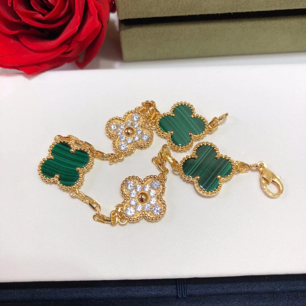 VCA Diamond and Malachite Vintage Alhambra Bracelet in Gol-tone, 5 Motifs - Original Replica Club
