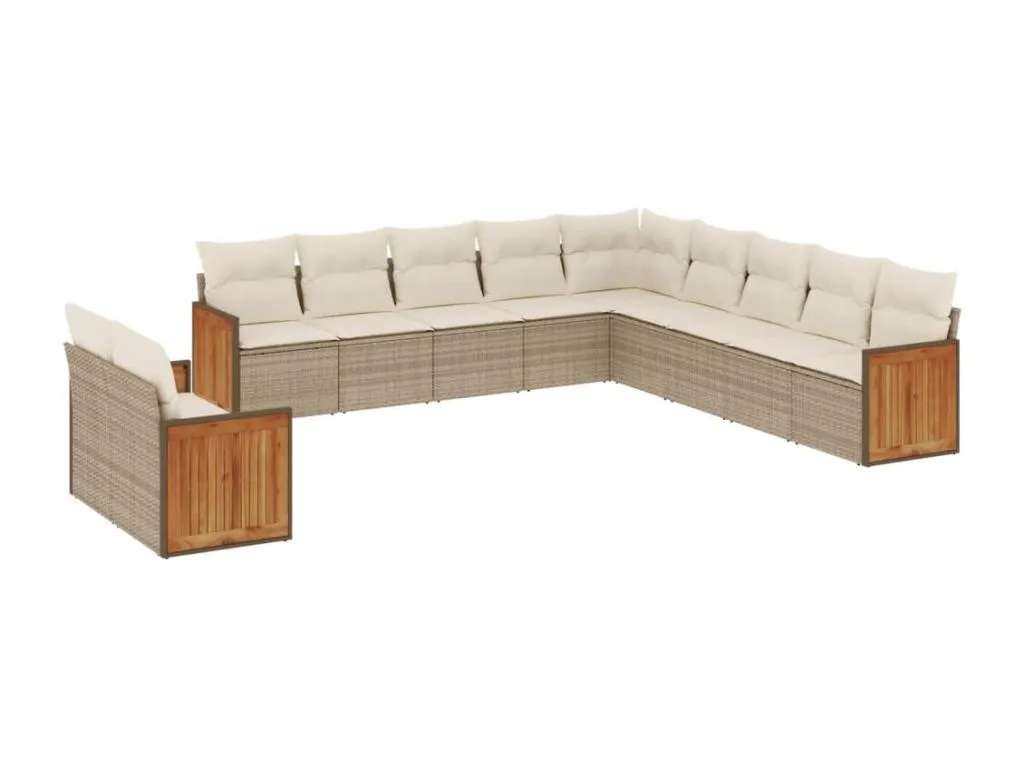 Set de sofás de jardín 11 piezas con cojines de ratán sintético en beige