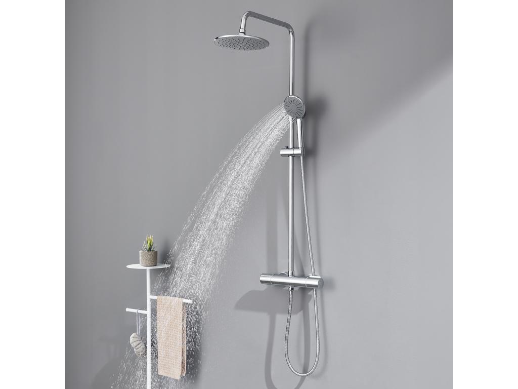 Lujodec Columna Ducha con Mezclador Termostático Cromado Conjunto Ducha Redonda de Latón Sistema Ducha Altura Ajustable Ducha 3 Jets De Agua