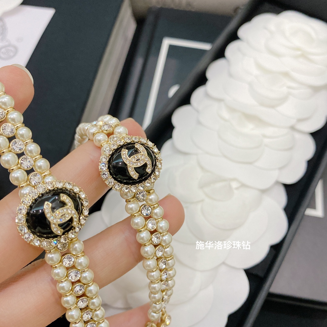 Chanel 3 Rows Pearl Rhinestone Bracelet Earrings Choker Necklace - Original Replica Club