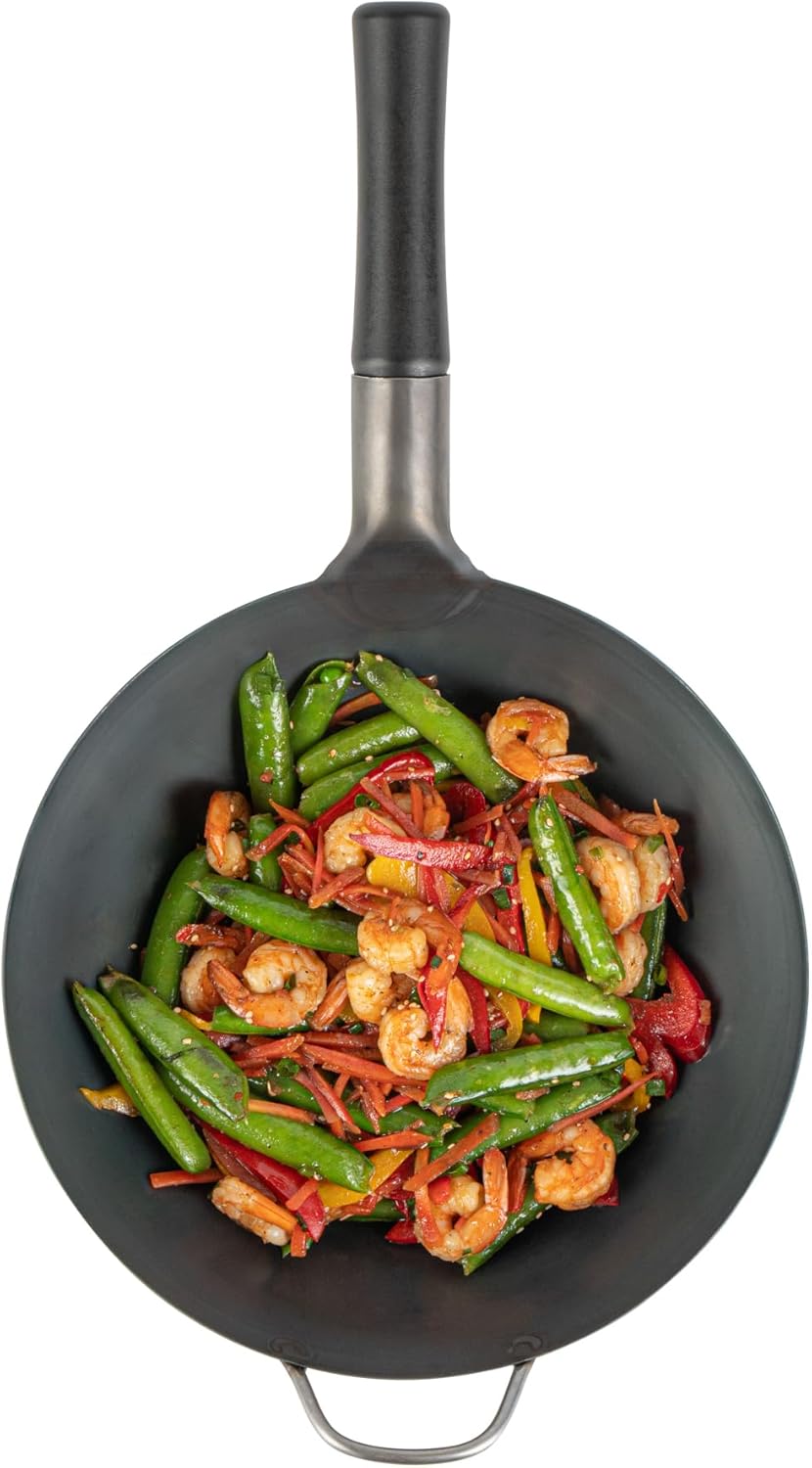 Restaurantware Carbon Steel Wok 1 Pack of 11.6 Inch Heavy-Duty Uniform Heat Distribution Pan Induction Compatible Flat Bottom Wok Welded Handle Black For Gas Stovetops And Grills