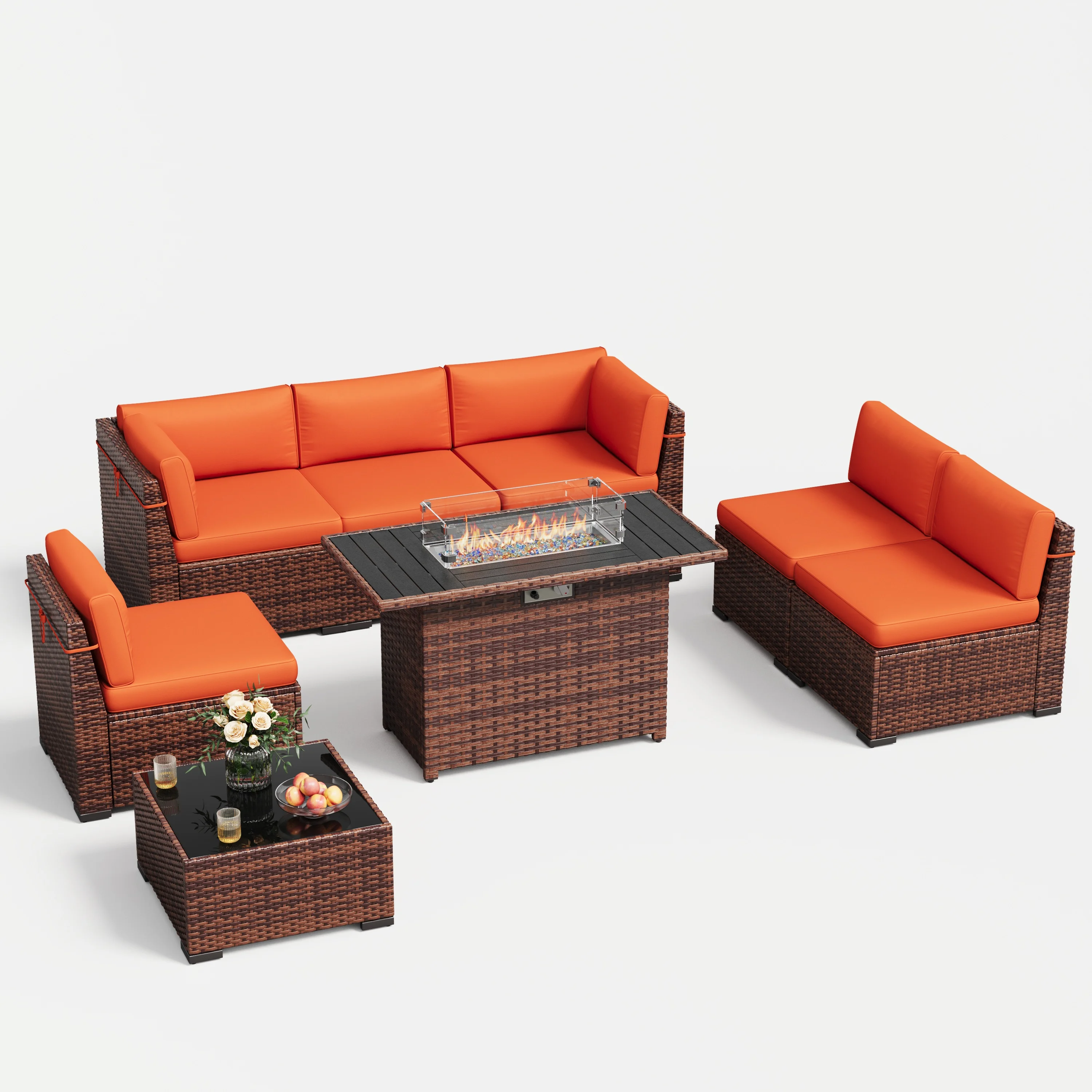 MRUAKA 8 Pieces Patio Furniture Set with Fire Pit Table, Outdoor Furniture Sectional Rattan Sofa with Slanted Back, Patio Couch with Glass Coffee Table for Backyard Garden (Dark Grey) - Image 24