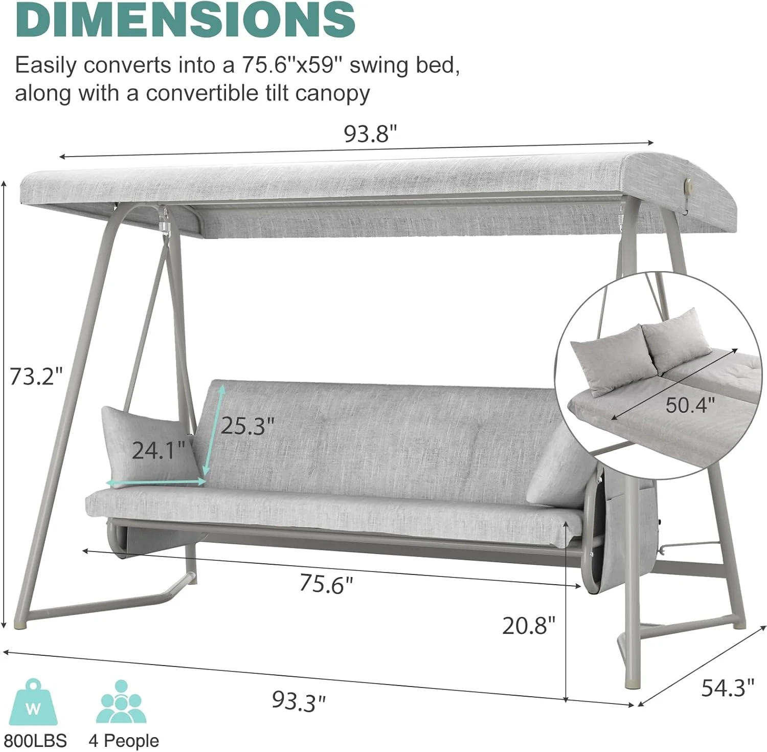 CHINNLUU Oversized 4 Person Porch Swing with Stand 800 LBS Capacity Adjustable Canopy Backrest Includes Cushions Pillows Patio 2 in 1 Swing Bed for Backyard Garden Poolside, Champagne - Image 9