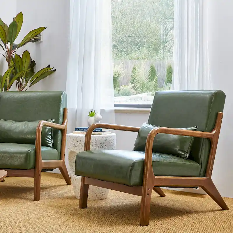 Glitzhome Set of 2 Mid-Century Modern PU Leather Accent Chairs - 30.75H with Cushions (25.75W x 33.75D)