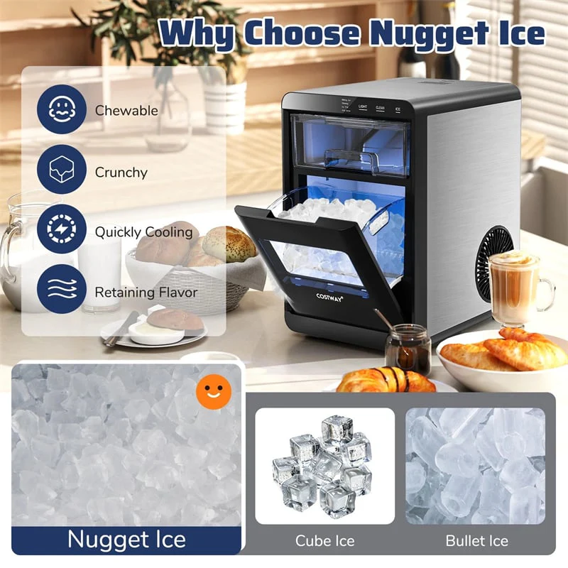 Eletriclife Countertop Nugget Ice Maker 44LBS/24H Soft Chewable Ice Machine with Self-Cleaning for Home Bar