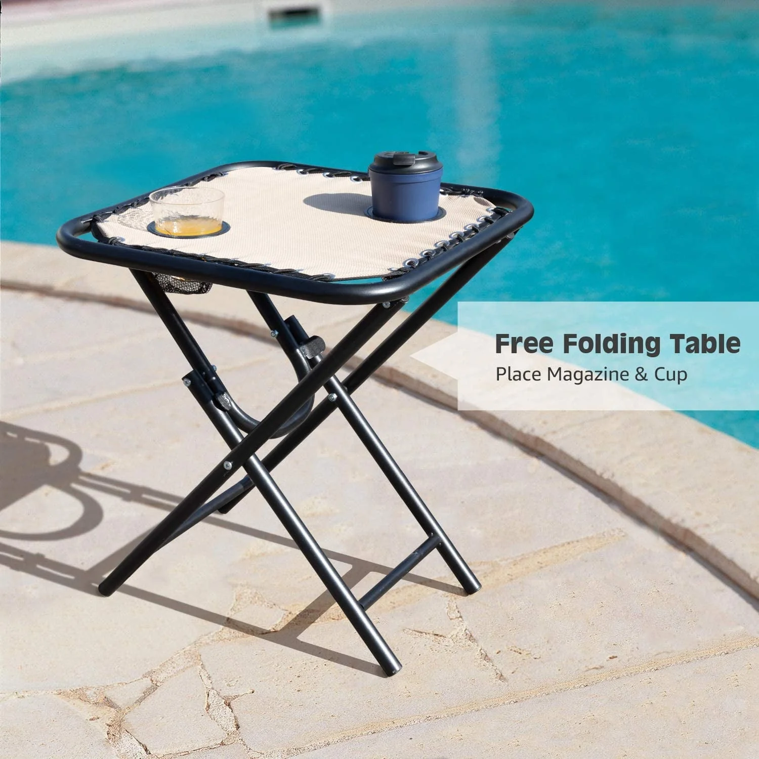 Vineego 3 Pieces Zero Gravity Chair Patio Foldable Chaise Lounge Chairs 2 Beach Chairs and Table with Cup Holders,Beige - Image 7