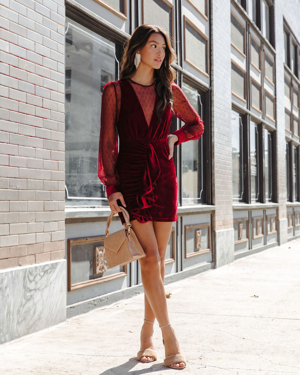 Saint Clara Sheer Velvet Ruffle Mini Dress - Burgundy - Se7enfashion