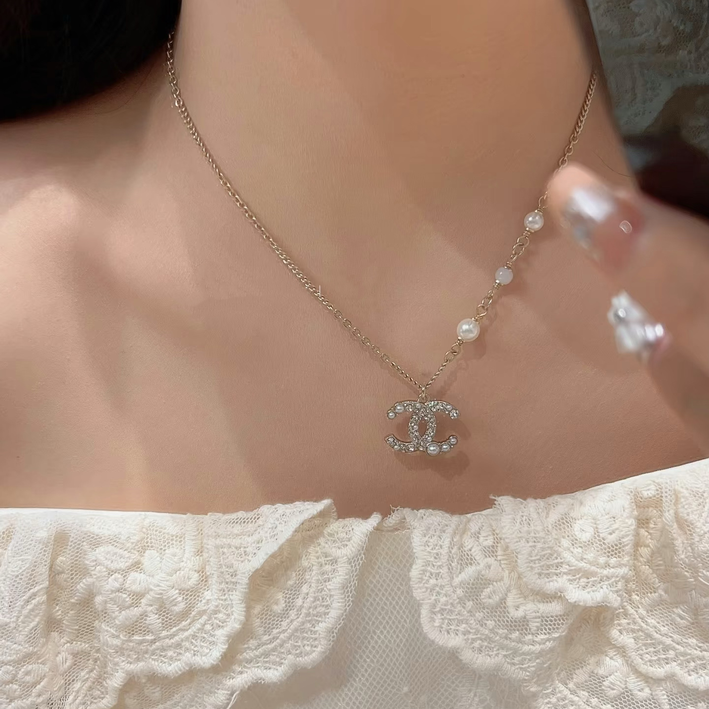 Chanel Pearl Paved CC Pendant Necklace - Original Replica Club