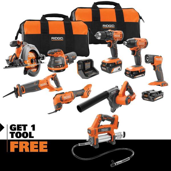 18V Cordless 8-Tool Combo Kit with (3) Batteries. Charger. and Bag with 18V Grease Gun