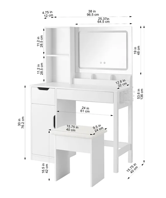Mainstays Get Ready with Me GRWM Deluxe 2-Piece Vanity and Stool with Lighted Mirror and USB Power, White Finish - Image 23