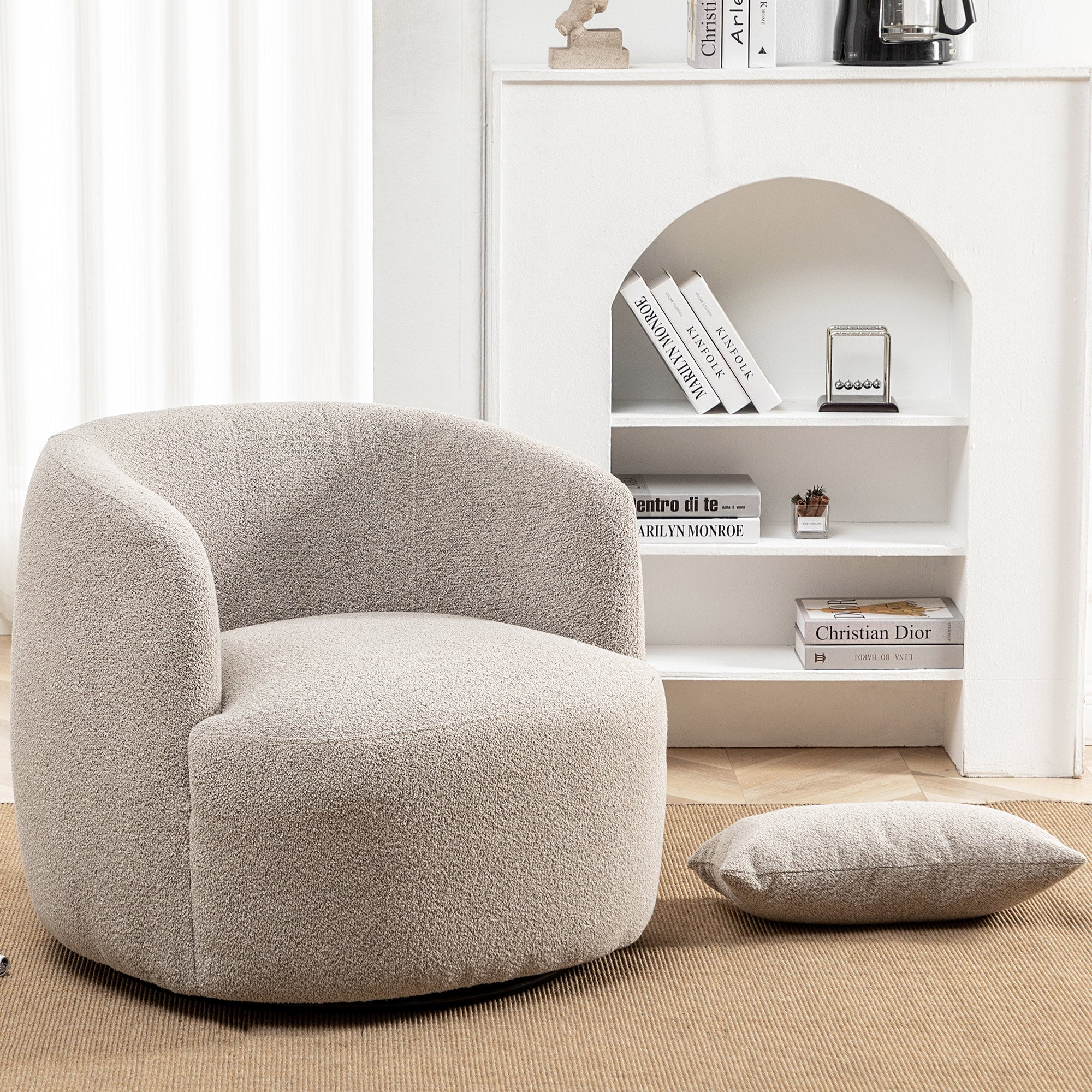 34" Wide Boucle Swivel Barrel Chair, No Assembly Round Upholstered Armchair Accent Chair Single Sofa Chair with Toss Pillow for Living Room and Bedroom, Taupe - Image 4