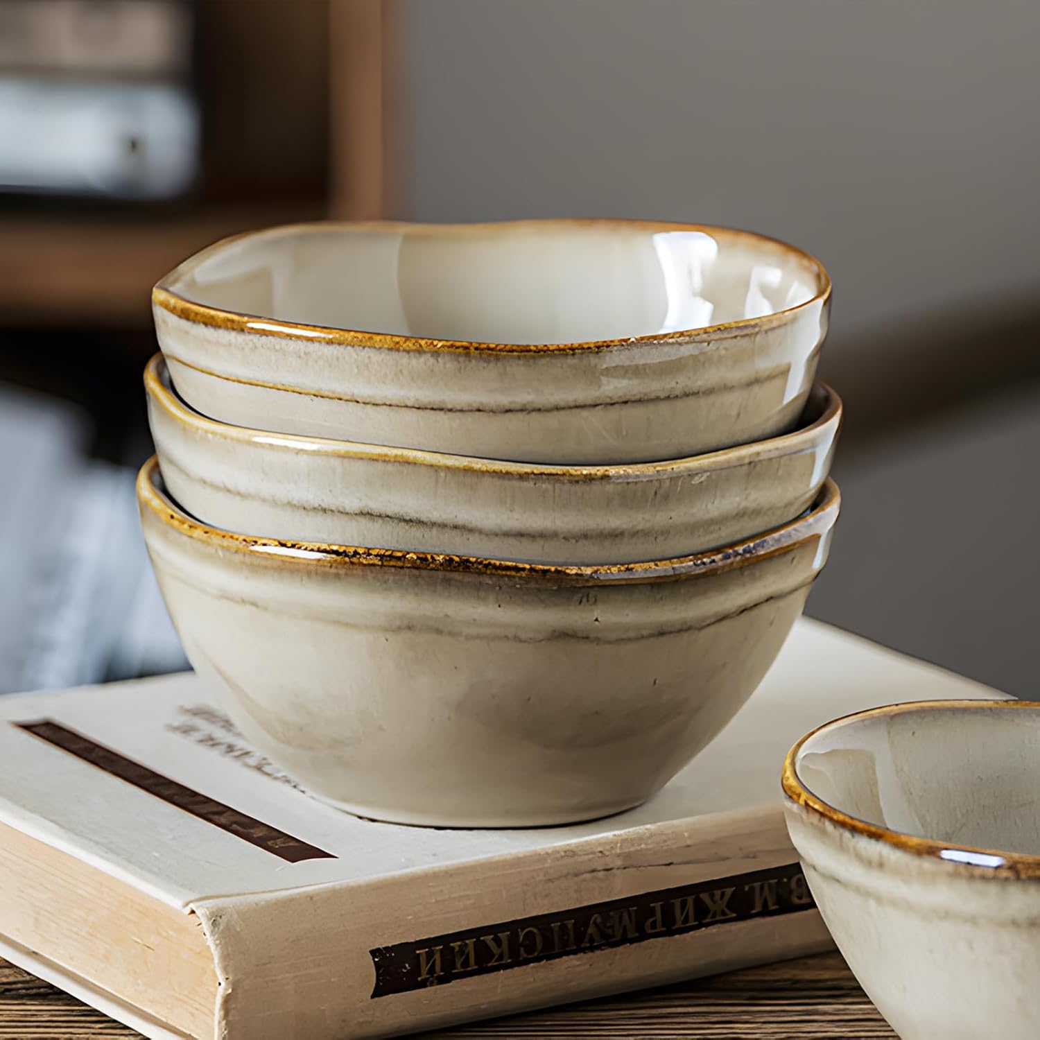 4 Pack Retro Ceramic Bowls, 5.3 Inch Japanese Small Handmade Bowl For Soup, Salad, Rice, Cereal, Breakfast, Dinner, Serving, Oatmeal - Microwave, Dishwasher Safe Eating and Kitchen