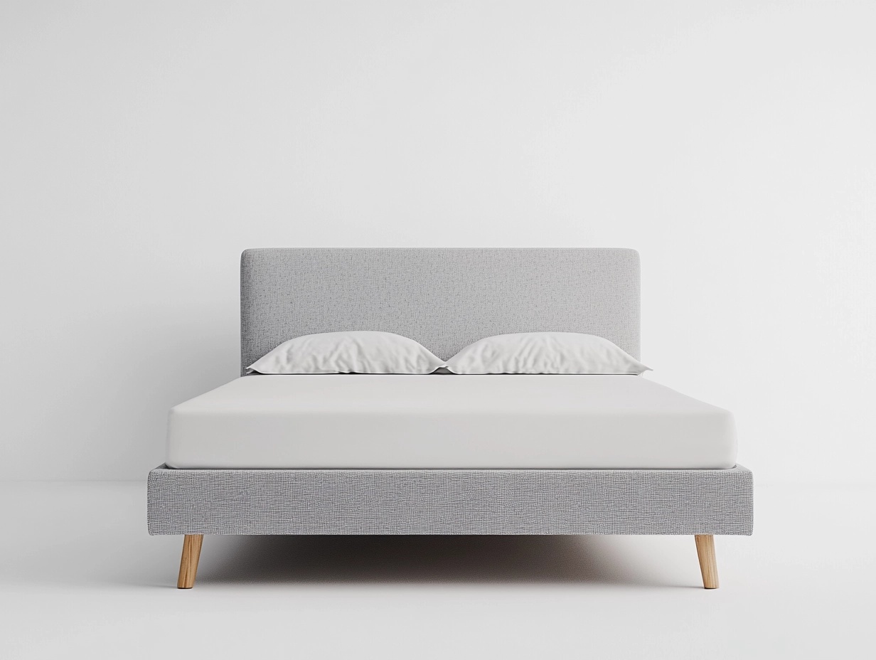 Cama gris claro tapizada con patas de madera natural
