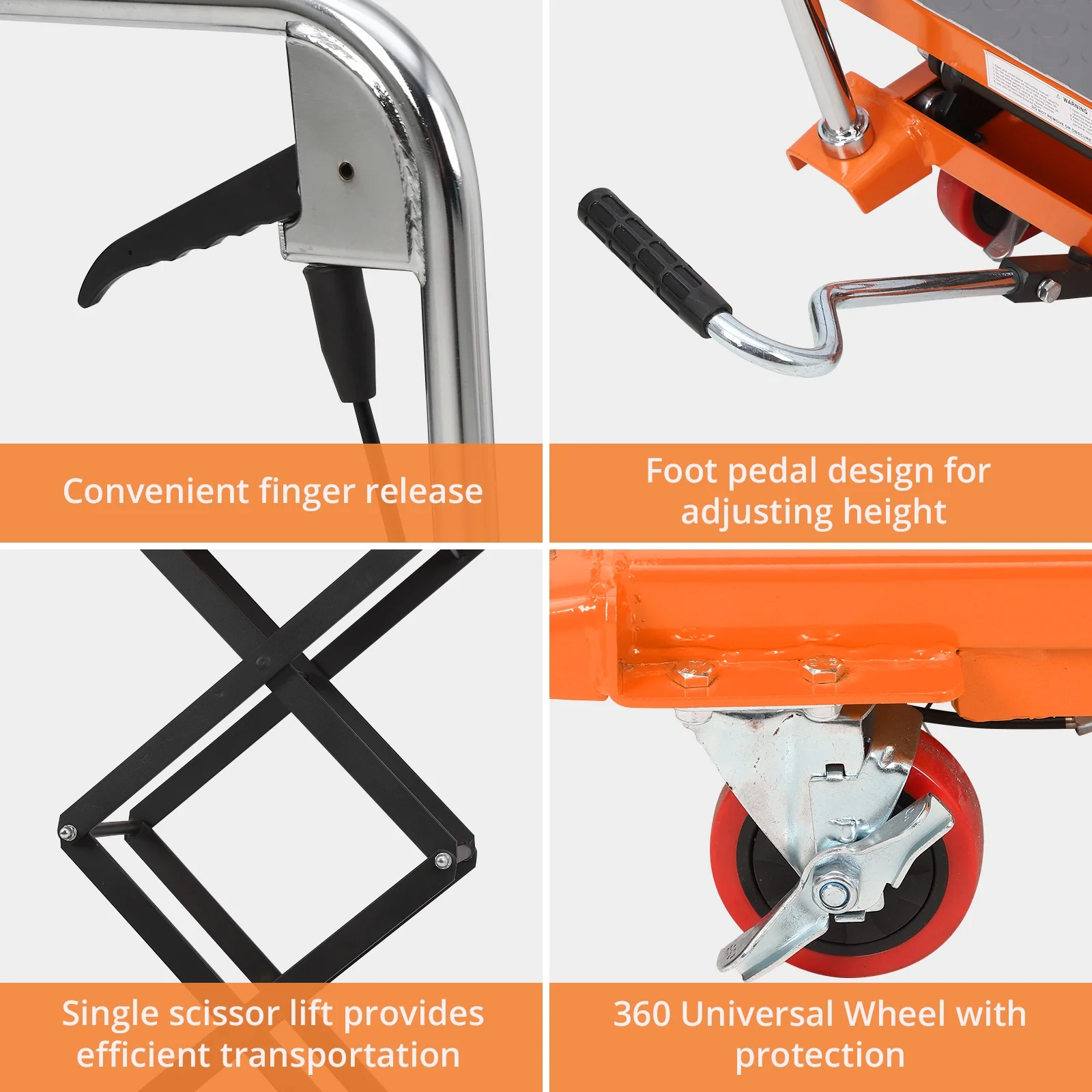 Hydraulic Lift Table Cart - 770 lbs Capacity, Adjustable Up to 59" Lifting Height, Manual Double Scissor Lift Table with 4 Wheels & 3mm Non-Slip Pads for Safe Material Handling & Transport, Orange - Image 4