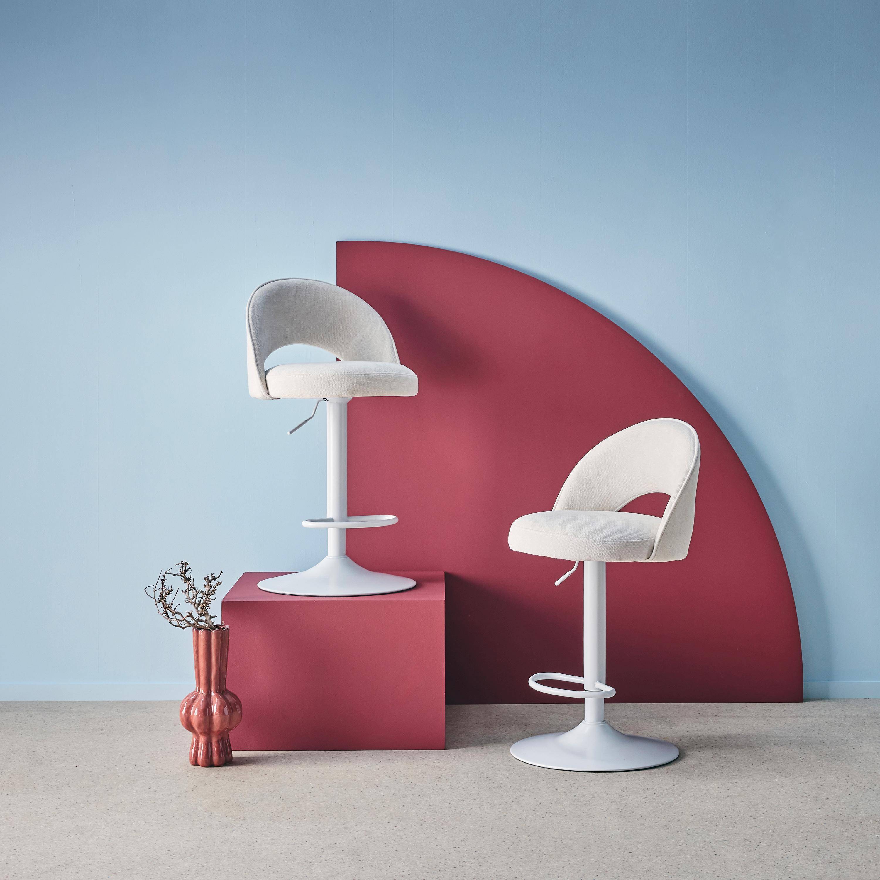 Abby - Taburete de bar ajustable de metal y tela con base blanca, set de 2