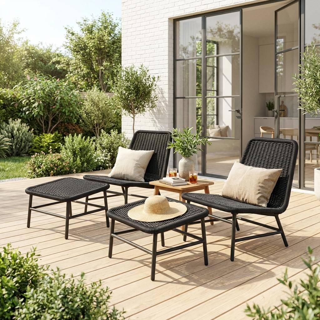 Laguna - Sillón relax y reposapiés de aluminio y cuerda, set de 2