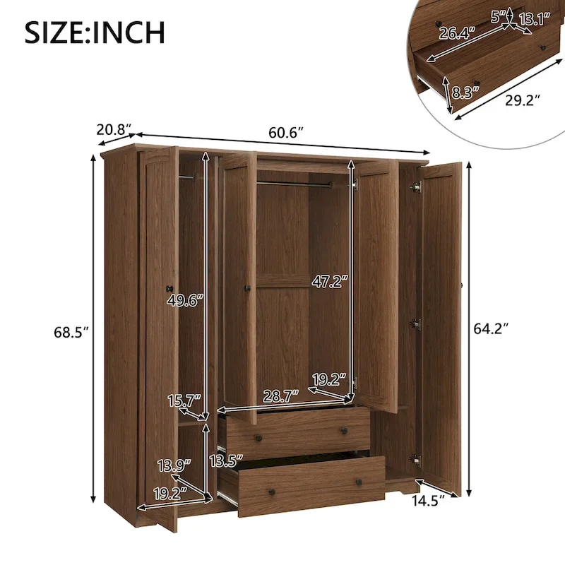 Freestanding 4-Door Wardrobe Armoire with 2 Drawers and Hanging Rods for Clothes Storage