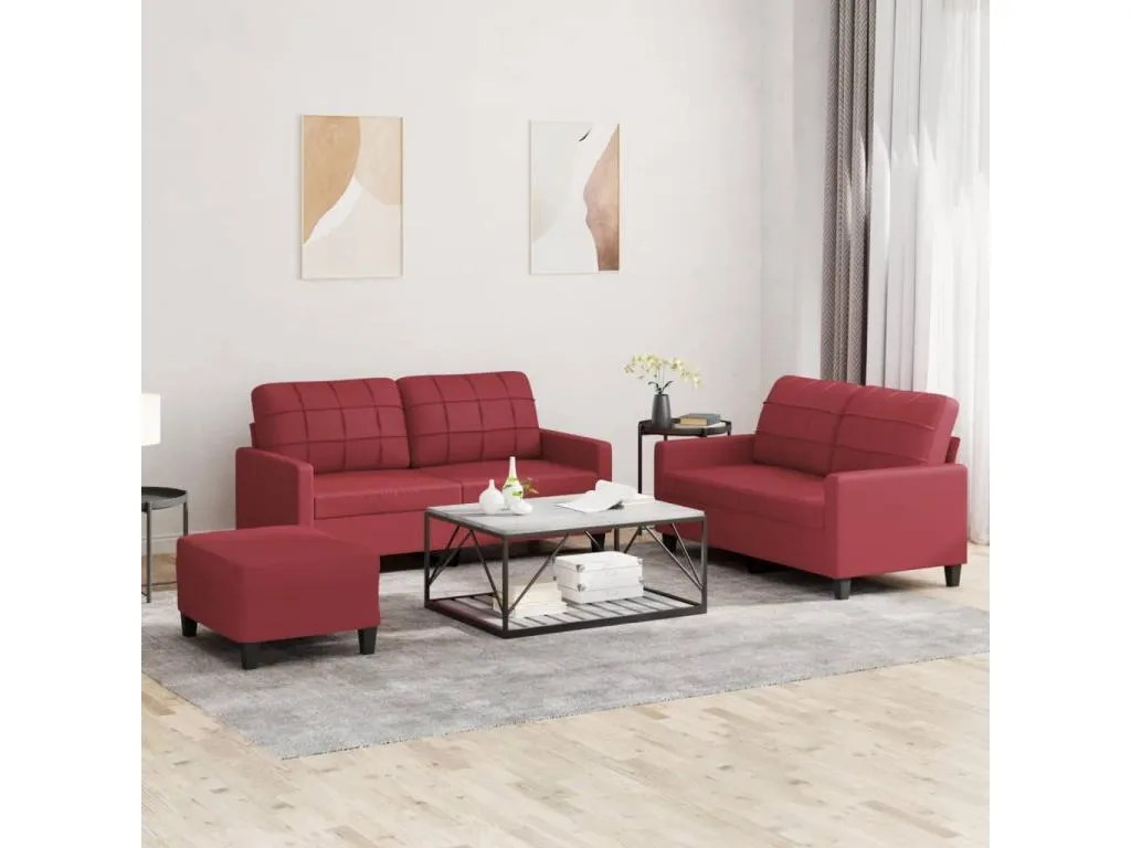 Juego de sofás con cojines 3 piezas cuero sintético rojo tinto 62809JCWA