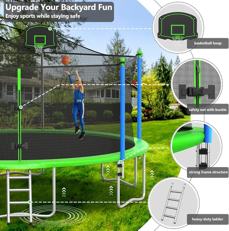 Trampoline With Enclosure Net And Adjustable Basketball Hoop - 8ft, 10ft, 12ft, 14ft, 15ft, 16ft - Image 63 Trampoline With Enclosure Net And Adjustable Basketball Hoop - 8ft, 10ft, 12ft, 14ft, 15ft, 16ft - Image 63