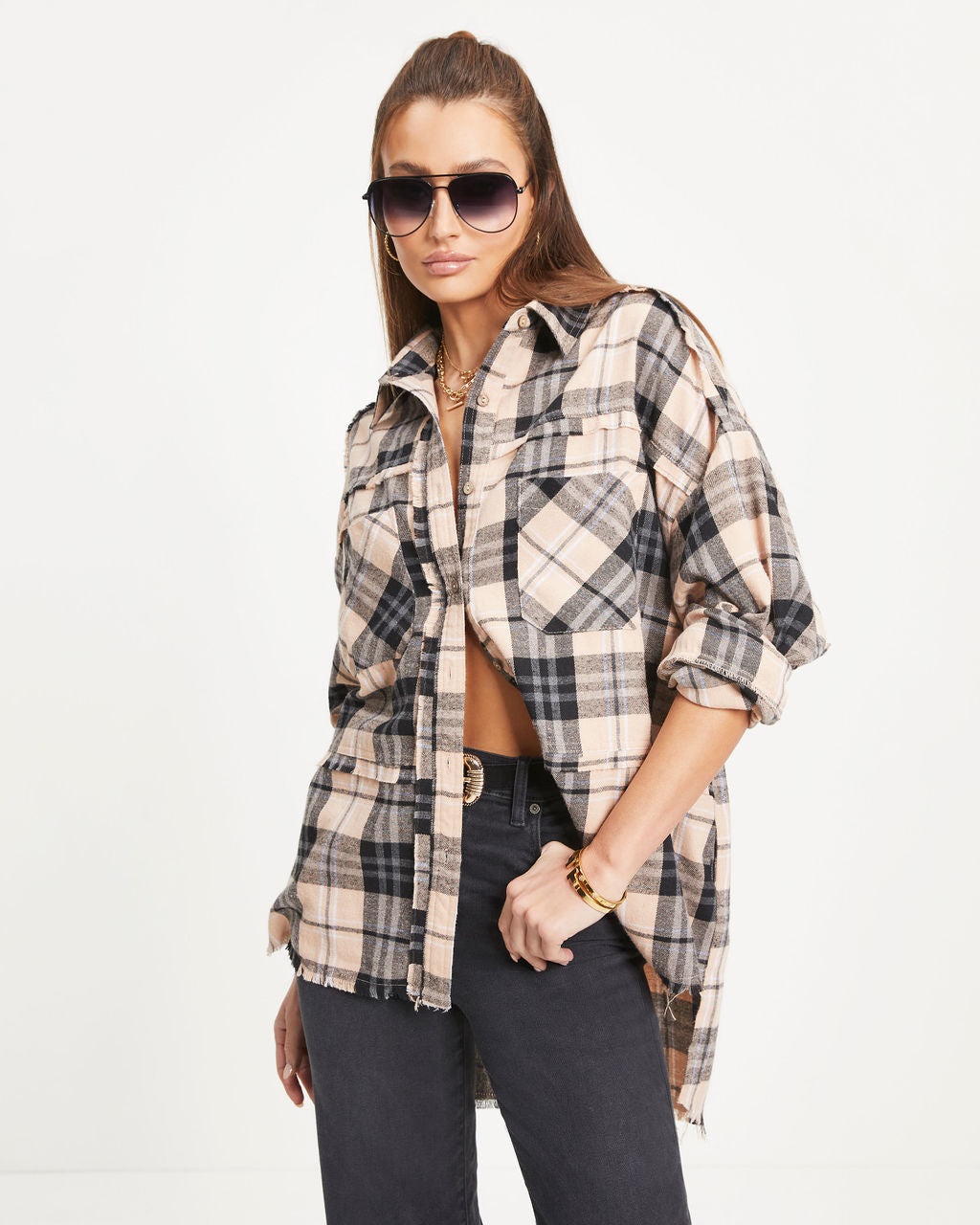 Roberta Plaid Pocketed Oversized Button Down Top - Se7enfashion