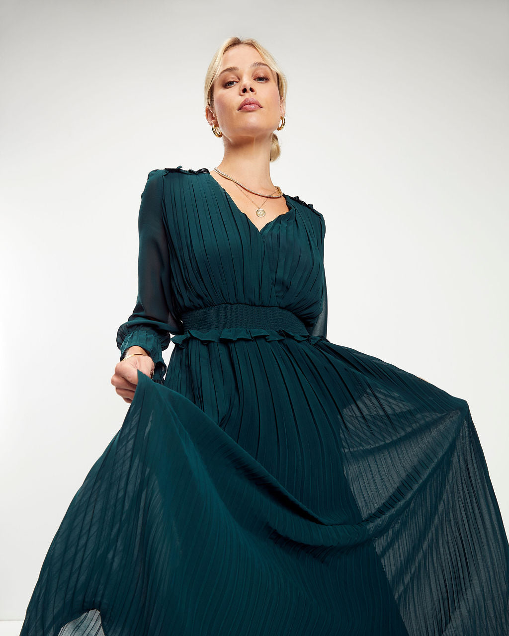 Forest Romance Pleated Midi Dress - Hunter Green - Se7enfashion
