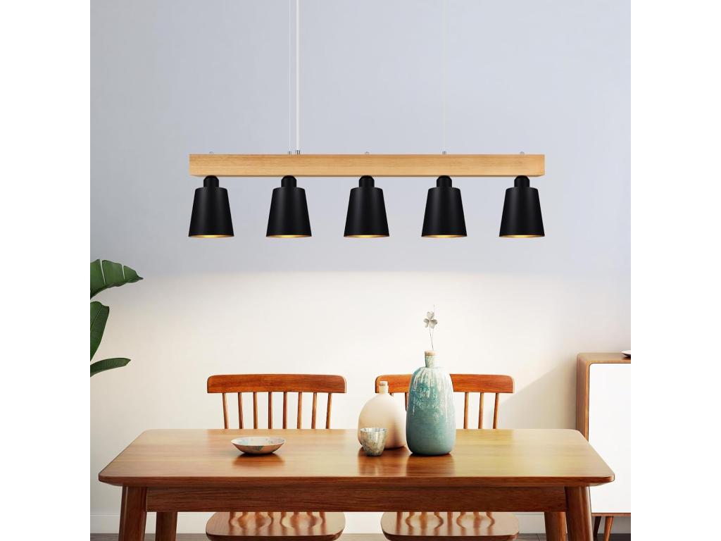 Mubdelu - Suspensión con 5 bombillas E27 negra, diámetro de 102 cm, moderna, de metal y madera, lámpara para comedor/dormitorio/cocina/vestíbulo.