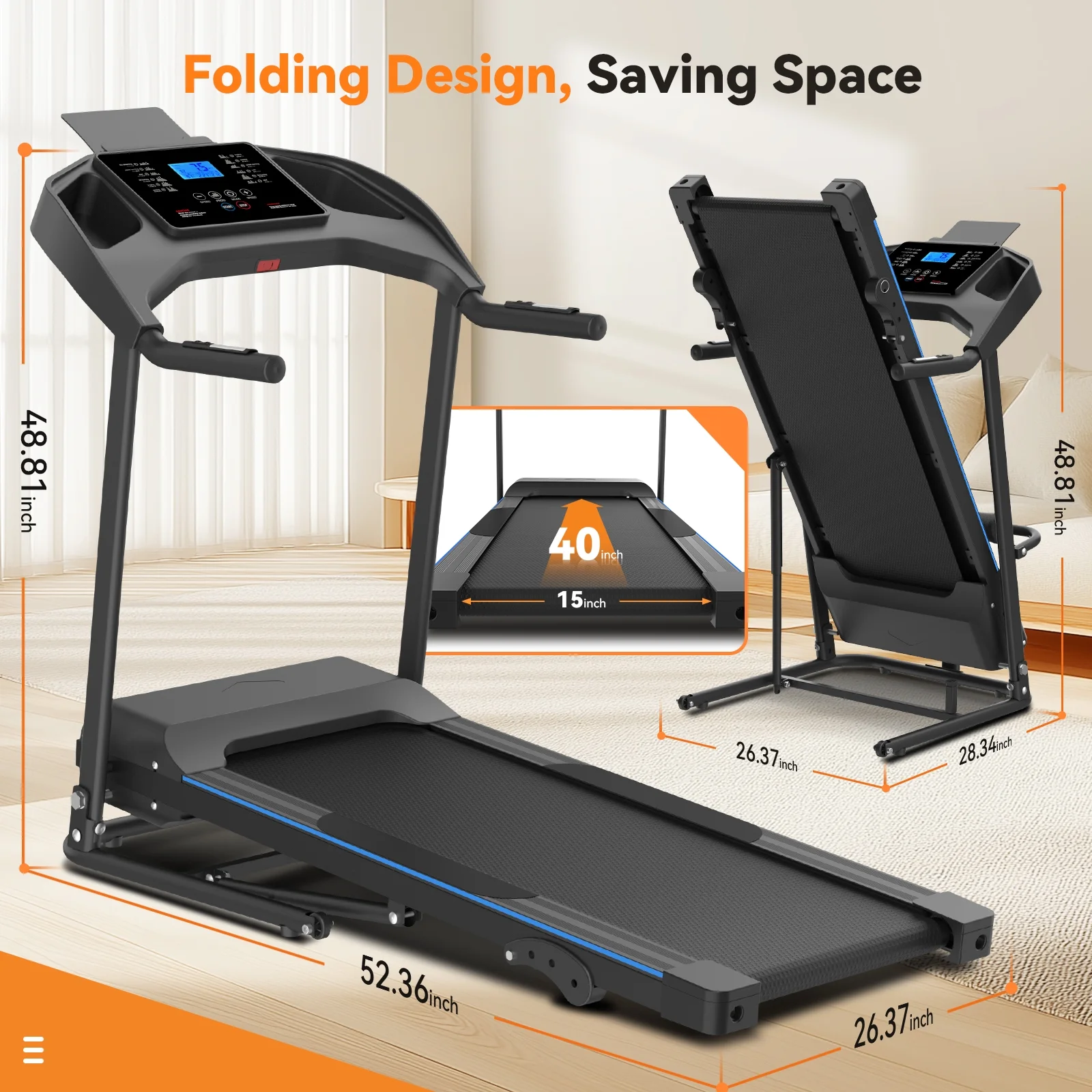 Treadmill with 8% Incline, 3.0 HP Foldable Compact Treadmill with Sit-up Function, 300 lbs Walking Running Treadmill with LCD Display for Exercise, 12 Programs - Image 16