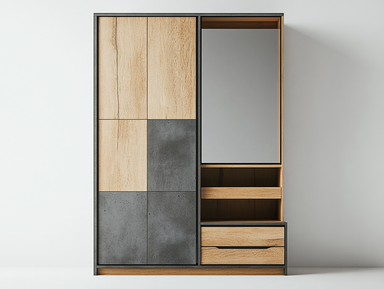 Armario de madera y cemento moderno para dormitorio y sala de estar con espejo y estantes