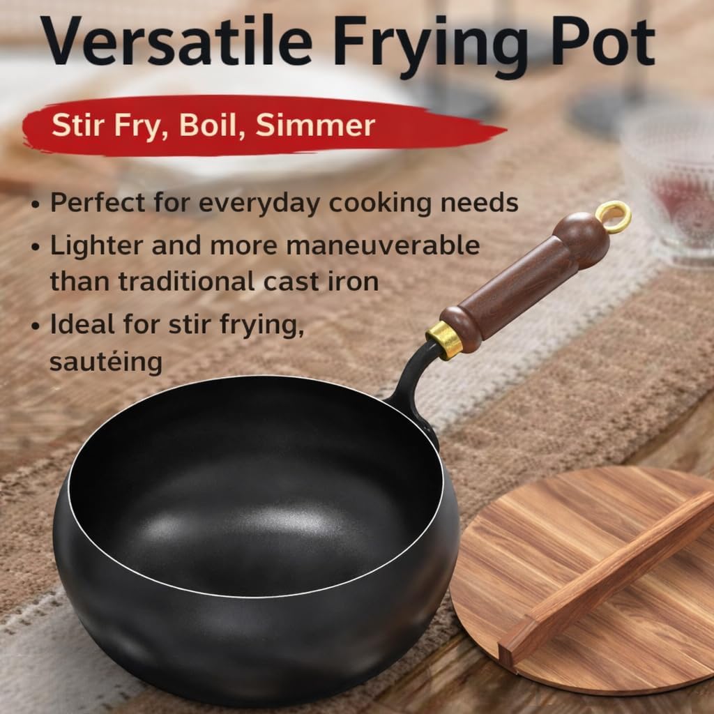 Japanese Cast Iron Wok Pan, Uncoated Thick Cast Iron Wok, Hand Hammered Frying Pot With Wooden Glass Lid (Wooden lid, 7.87in)