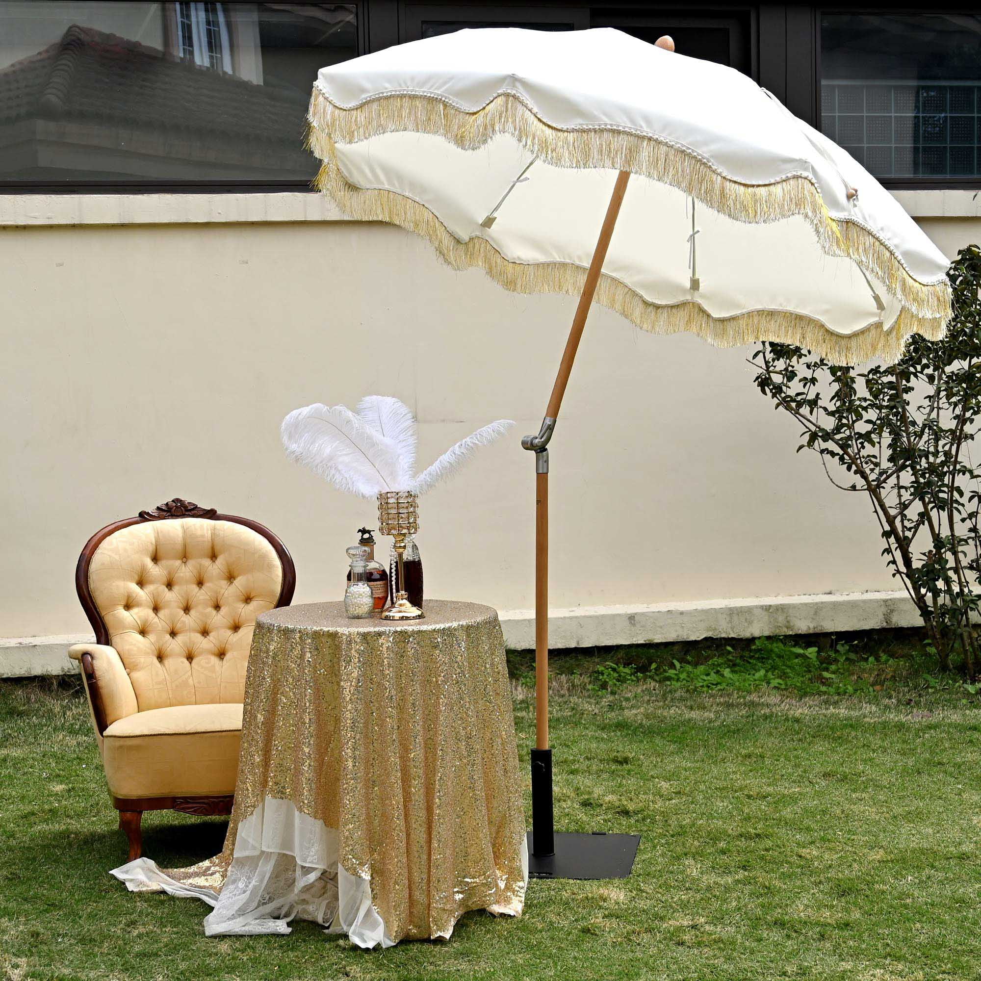 LAGarden 6 Ft Fringe Patio Umbrella with Tassel Jazz Age Wood UPF50+ for Outdoor, Beige with gold tassel,Model: JZ6-01 - Image 12