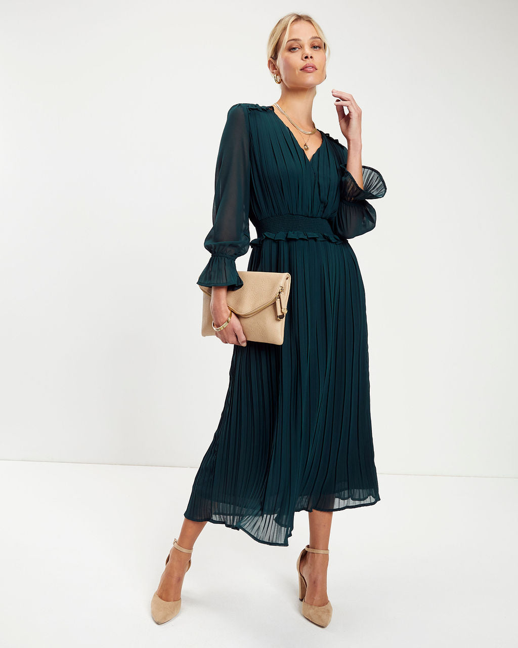 Forest Romance Pleated Midi Dress - Hunter Green - Se7enfashion