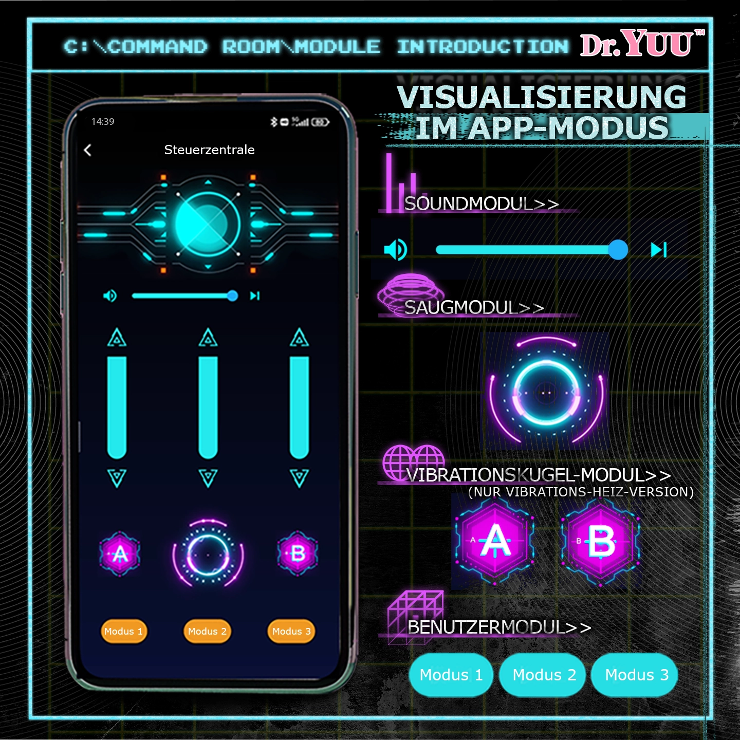 Visualisierung der Dr.YUU Little Devil App-Steuerung mit Sound-, Saug- und Vibrationsmodul sowie drei individuell einstellbaren Benutzermodi