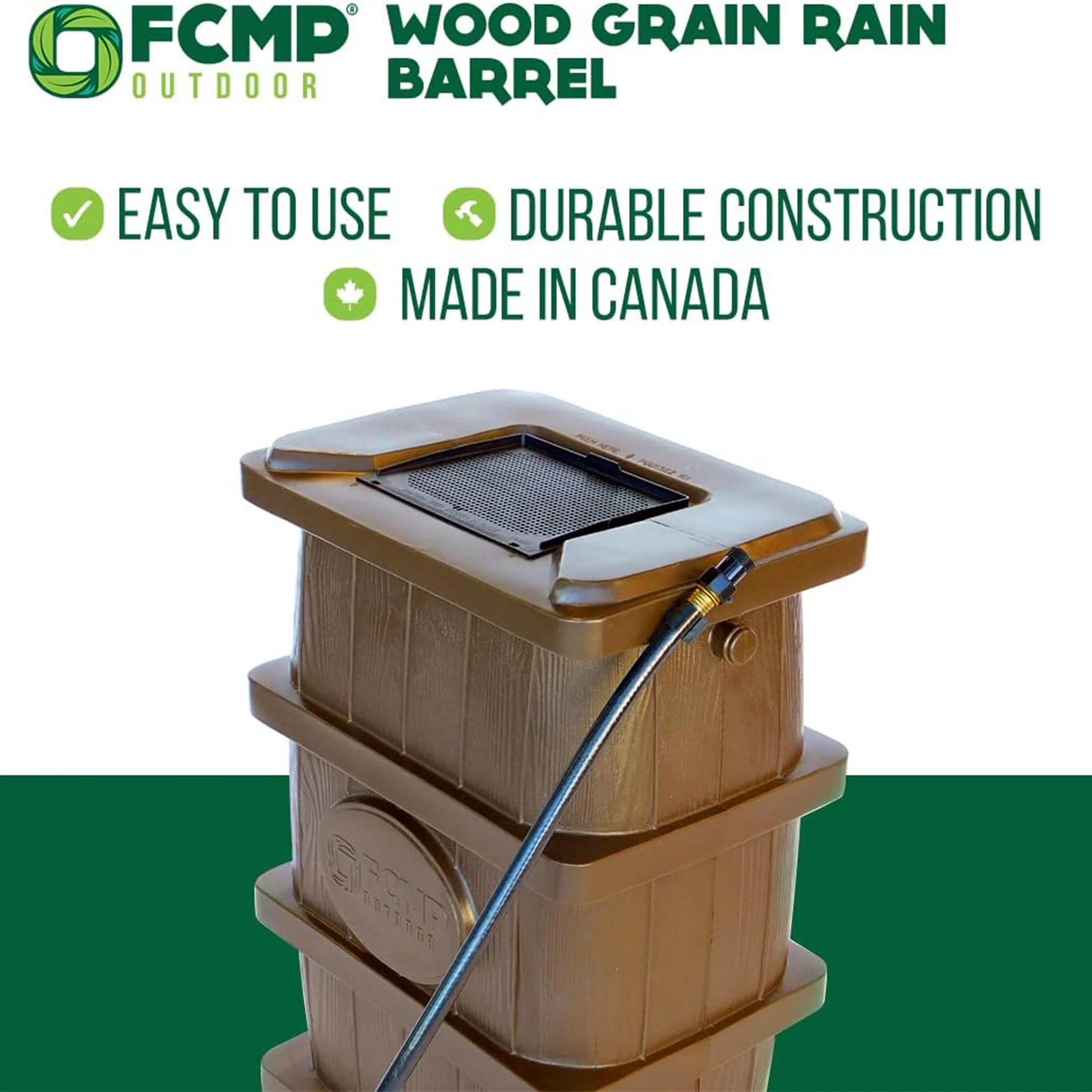 FCMP Outdoor WG4000-GRY Home Outdoor Wood Grain Rain Water Catcher Barrel - Image 4