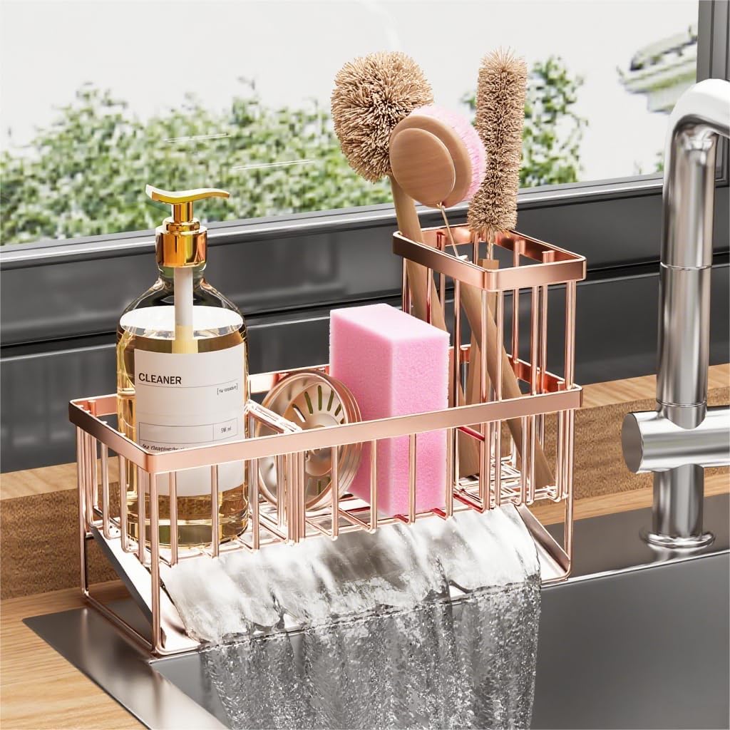 Cisily Sink Caddy Organzier with High Brush Holder, Sponge Holder for Sink, 304 Rustproof Stainless, Kitchen Countertop Soap Dispenser Organizer, Dark Gray Kitchen Decor and Accessories