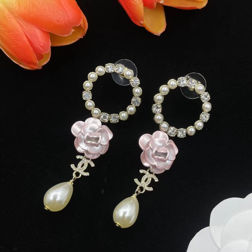 Chanel Pink Camellia Pearl Dangle Earrings - Original Replica Club