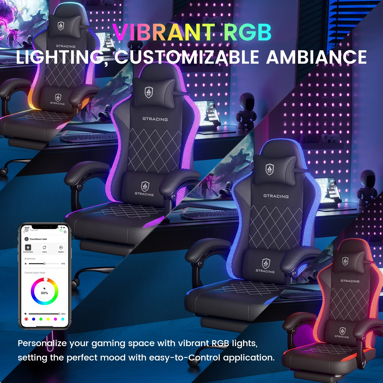 GTRACING RGB Ergonomic Gaming Chair with Massage, LED Lights, Footrest, Lumbar Support and Backrest, Black - Image 4
