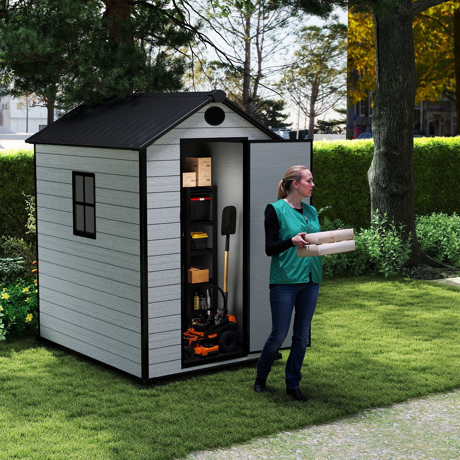 ZYJOYY 4'x 6' Resin Outdoor Garden Tool Storage Shed w/ Window, Grey - Image 7