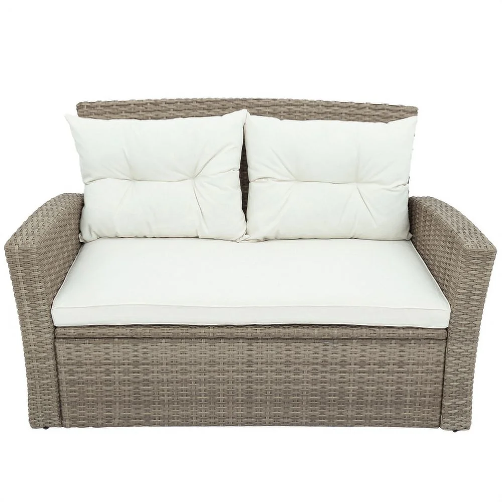 Harper & Bright Designs 4 Pieces Patio Wicker Chair with Ottoman and Coffee Table, Outdoor Rattan Loveseat Sectional Sofa Furniture Set for Garden, Beige Cushions - Image 9