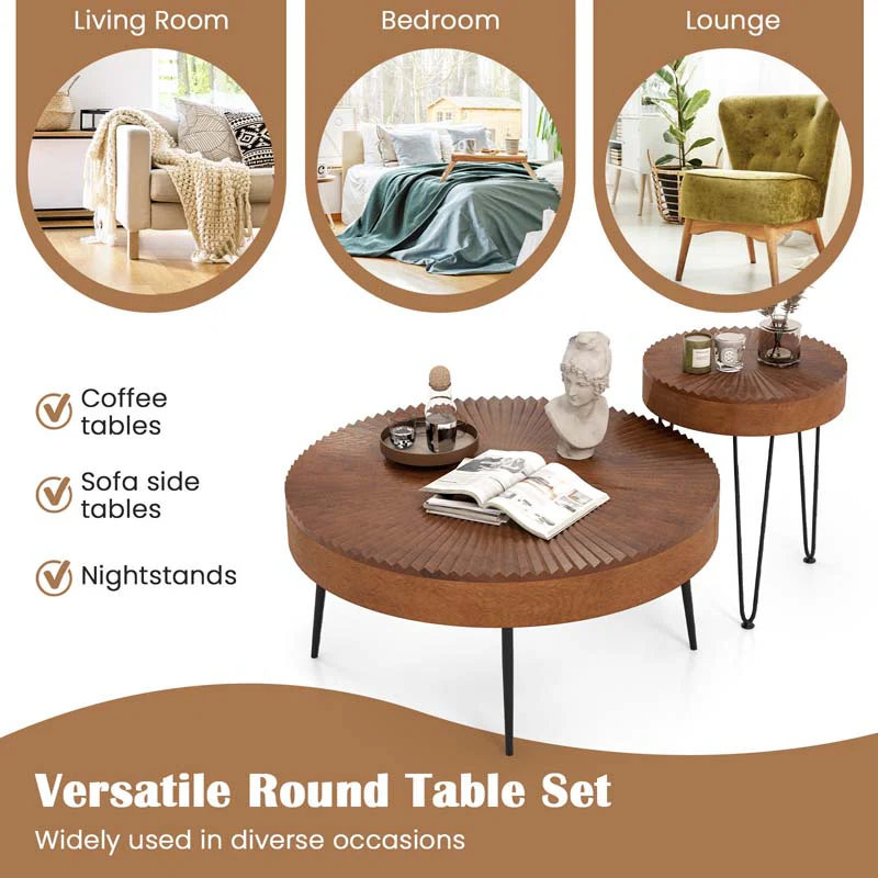 Eletriclife Set of 2 Boho Round Coffee Table with Solid Pine Wood Top and Metal Legs