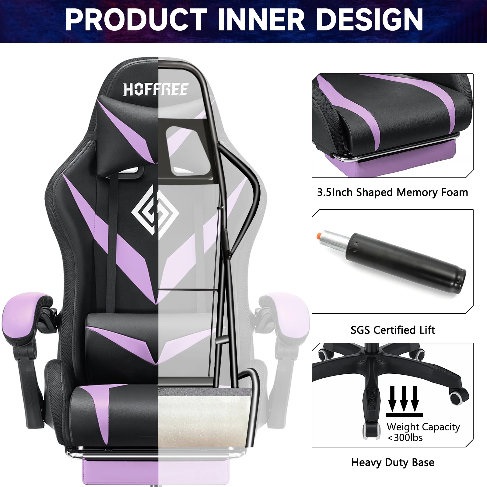Hoffree Gaming Chair with Speakers PU Leather Office Chair with Footrest and LED Lights Ergonomic Gamer Chair with Massage Lumbar Support and Headrest Adjustable Swivel for Home Office 300lb - Image 48