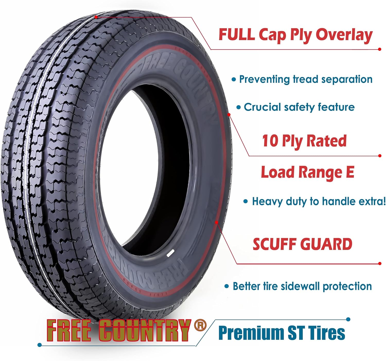 set of 4 Heavy Duty Trailer Tires ST205/75R15 205 75 15 10-Ply Load Range E Steel Belted Radial w/Scuff Guard