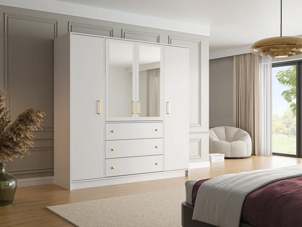 Armario 4 puertas y 3 cajones con espejo - l196 cm - blanco