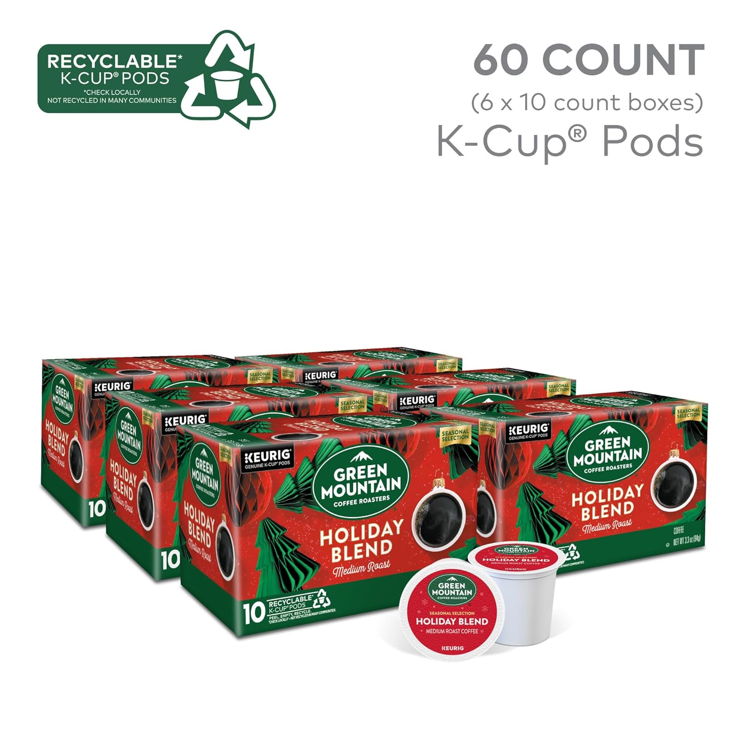 Green Mountain Coffee Roasters. Holiday Blend Coffee. Keurig Single Serve K-Cup Pods. 60 count