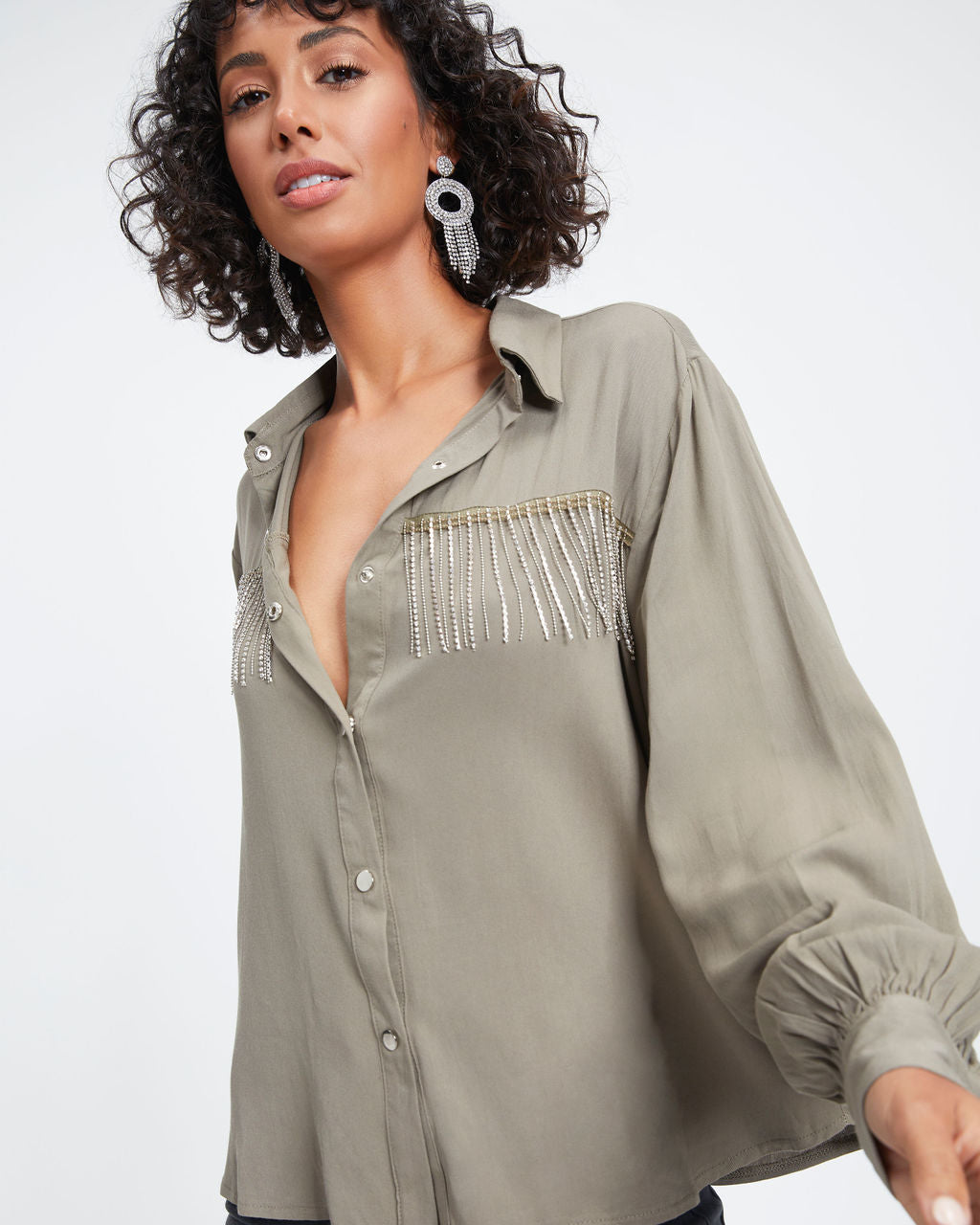 Dolly Glam Rhinestone Fringe Button Down Top - Olive - Se7enfashion
