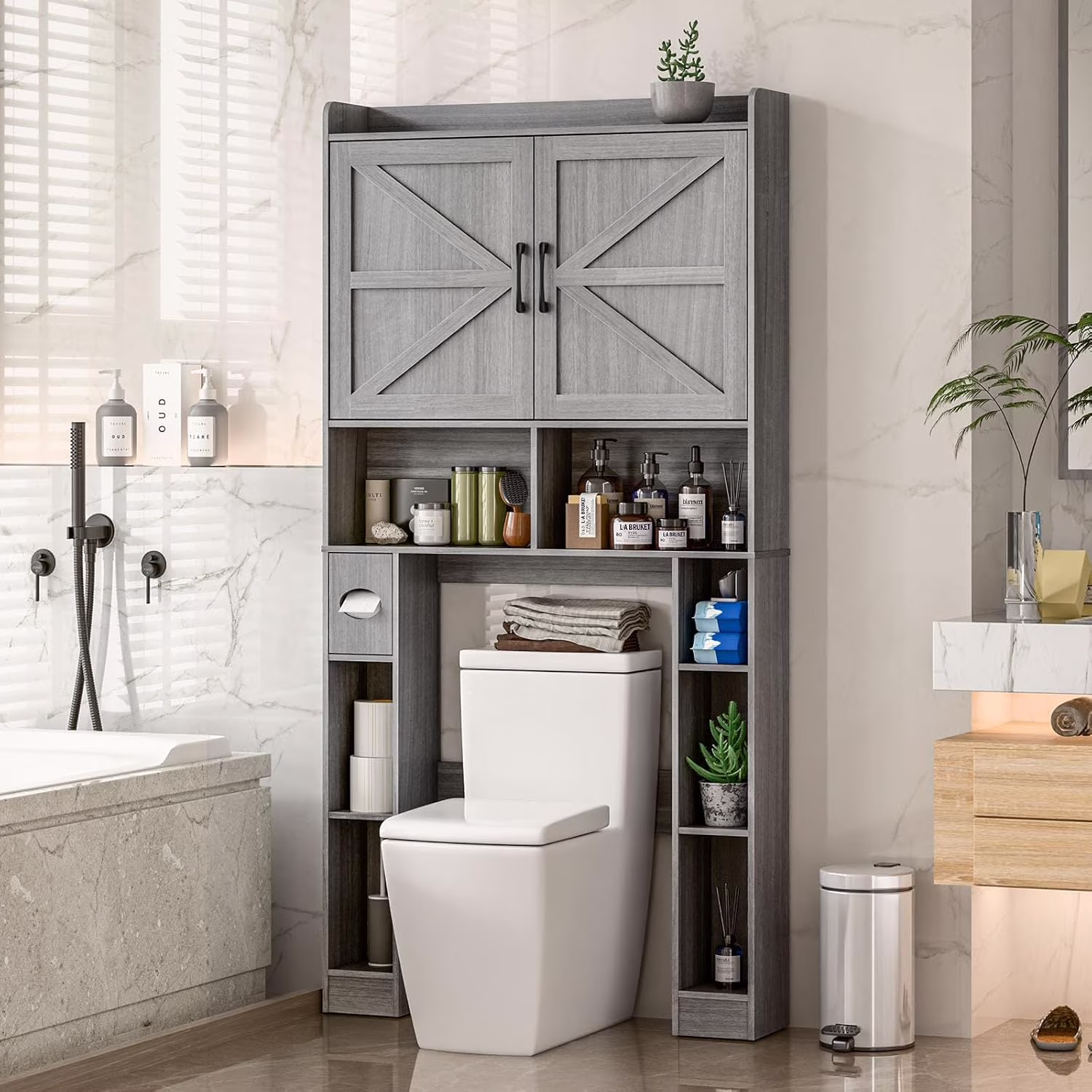 Vabches Over The Toilet Storage Cabinet with Toilet Paper Holder Stand, Above Toilet with Adjustable Shelf & 2 Doors - Image 3