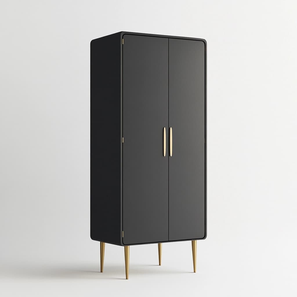 Armario moderno para dormitorio negro mate madera y metal con puertas dobles y patas doradas para almacenamiento